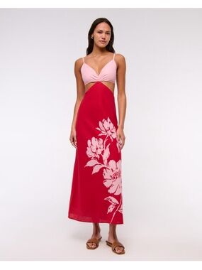 Abercrombie & Fitch Pink and Red Floral Cutout Maxi Dress